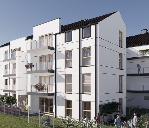 Widok na przestronne, oświetlone balkony